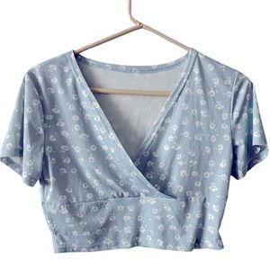 Blue Ditsy Floral Wrap Crop Tee